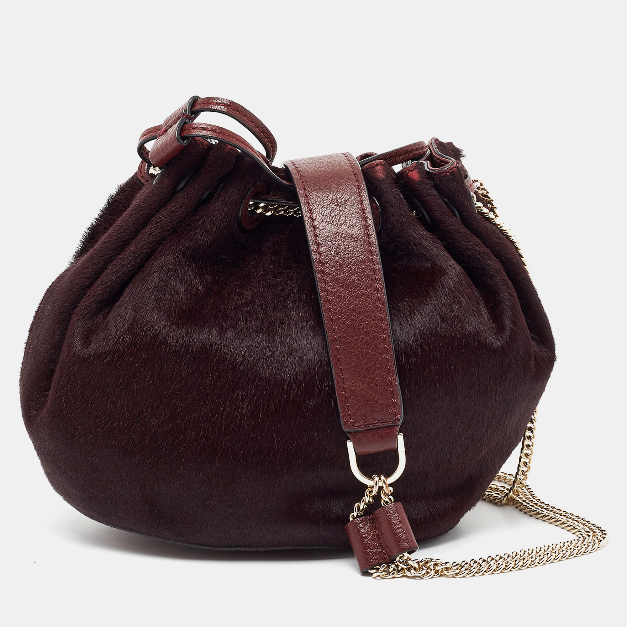

Diane Von Furstenberg Burgundy Calfhair and Leather Mini Love Power Drawstring Bucket Bag, Red