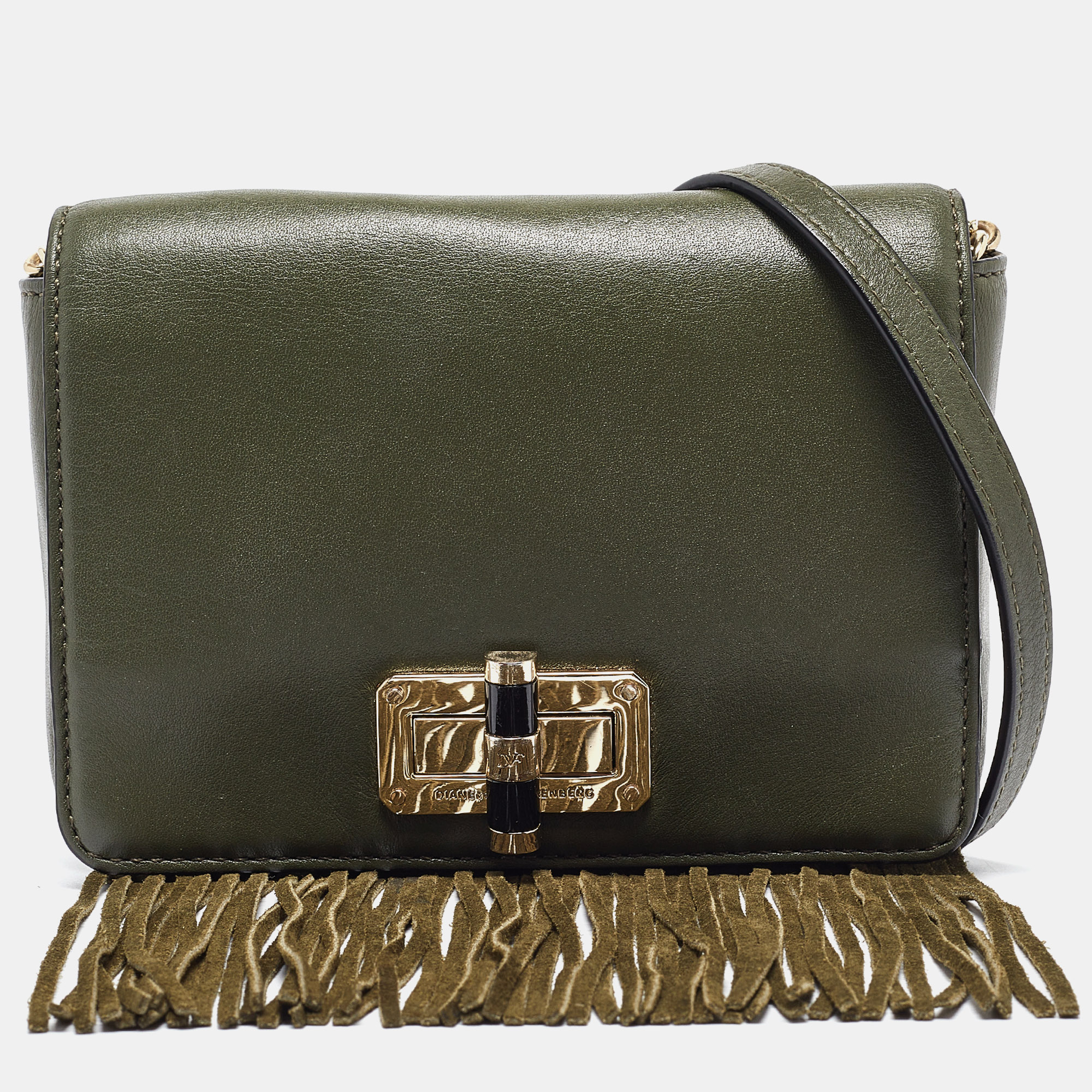 

Diane Von Furstenberg Green Leather Fringe Flap Crossbody Bag