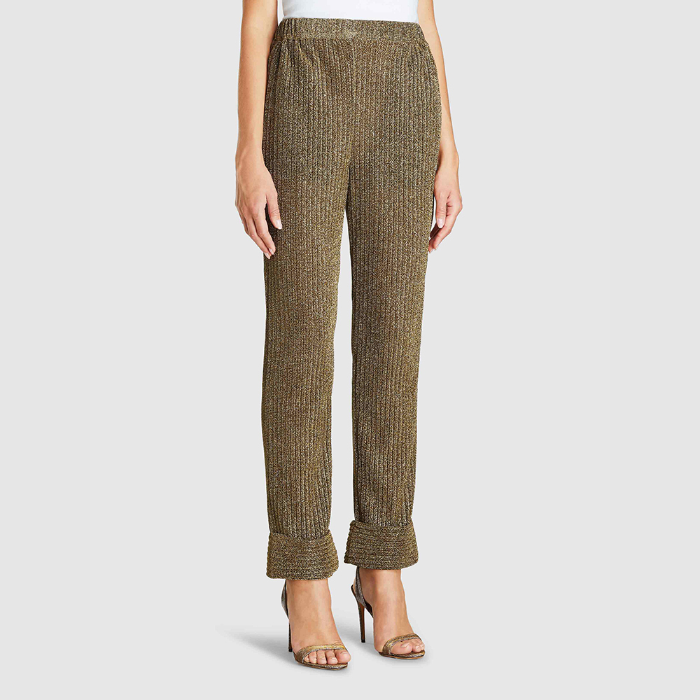 

Dima Ayad Gold Metallic Flared Hem Knit Trousers Size