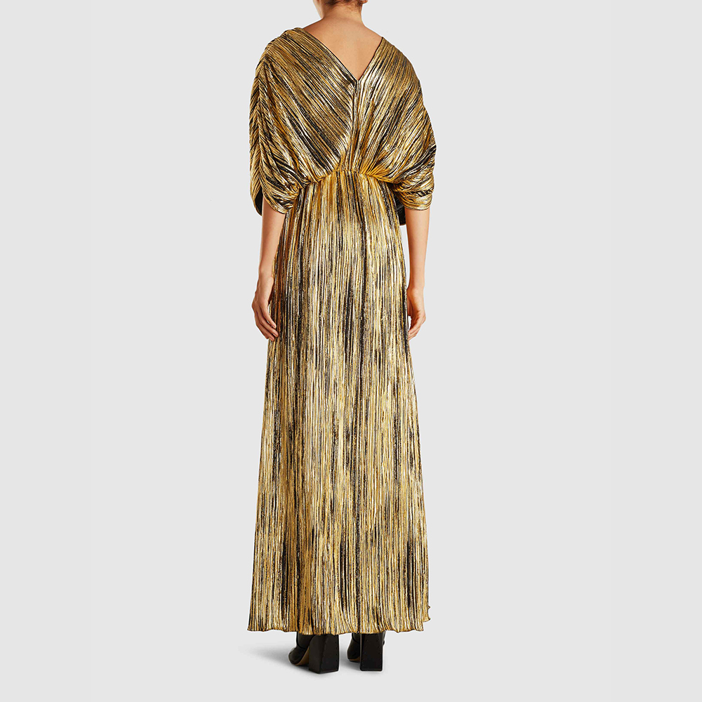 

Dima Ayad Gold Pleated V-Neck Crepe Maxi Dress Size