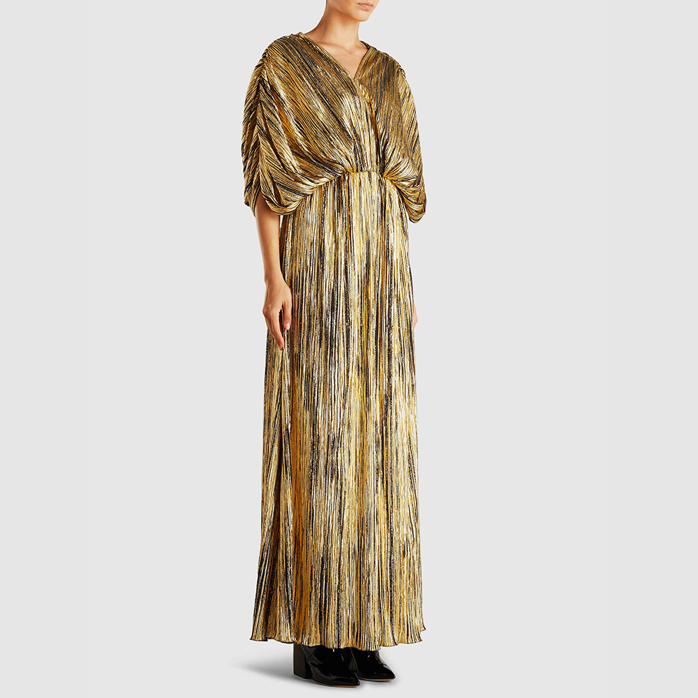 

Dima Ayad Gold Pleated V-Neck Crepe Maxi Dress Size