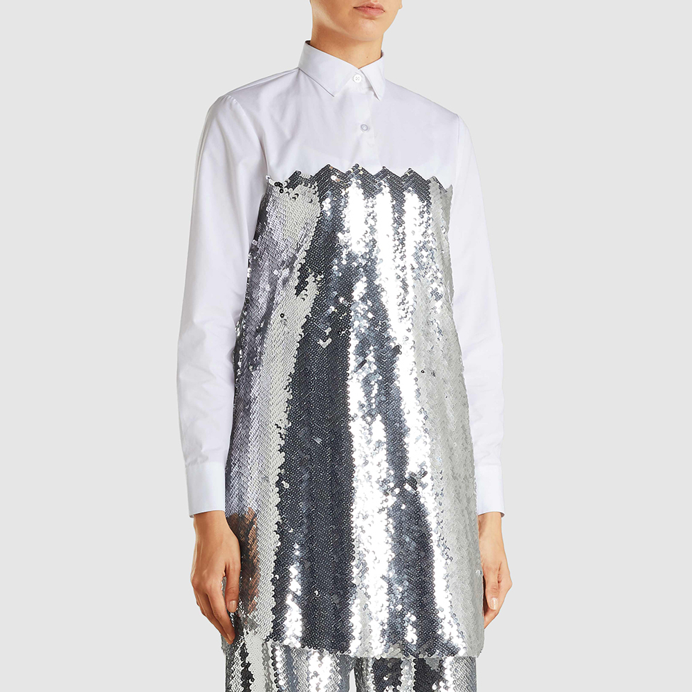 

Dima Ayad Metallic Chevron Sequin and Cotton Poplin Blouse Size, Silver