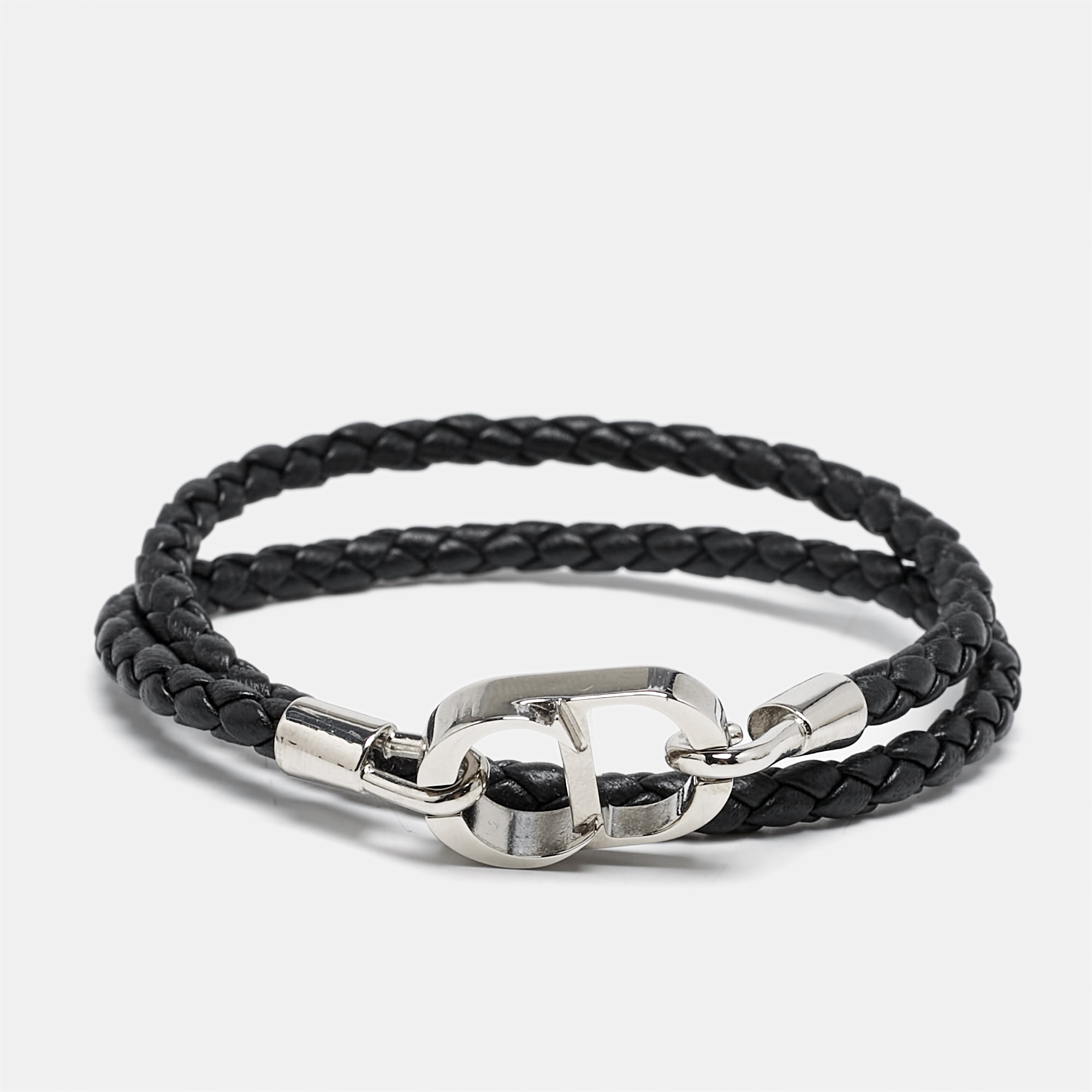 Pre-owned Dior Cd Icon Braided Leather Silver Tone Double Bracelet