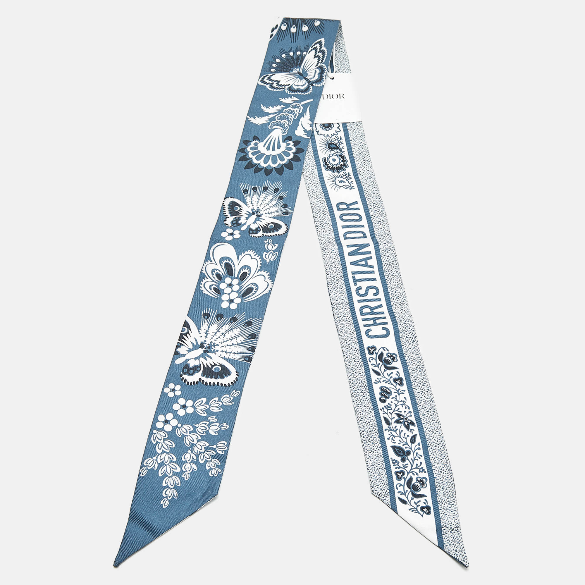 Pre-owned Dior Blue Butterfly Print Silk Mitzah Scarf