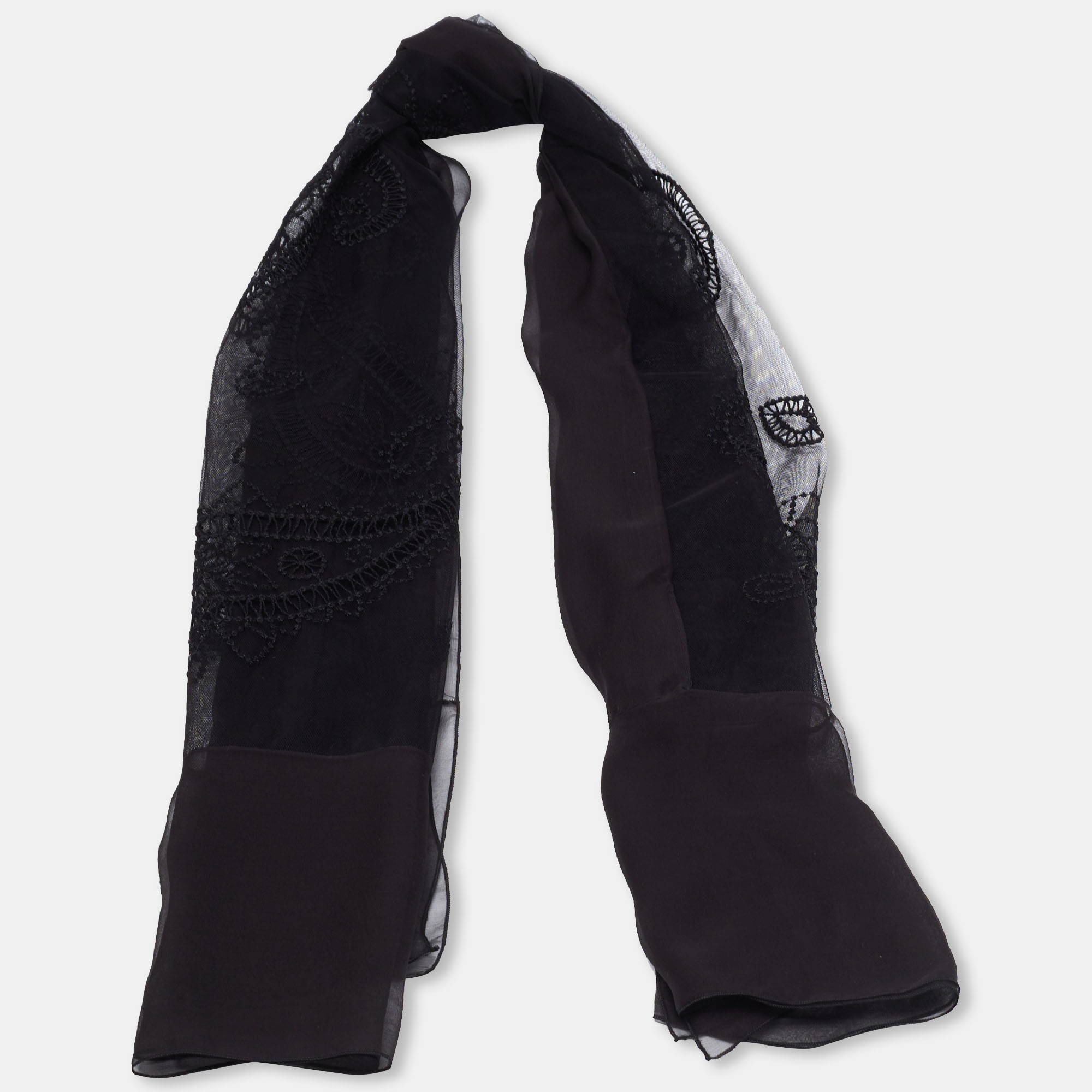 

Dior Black Paisley Embroidered Silk & Tulle Scarf