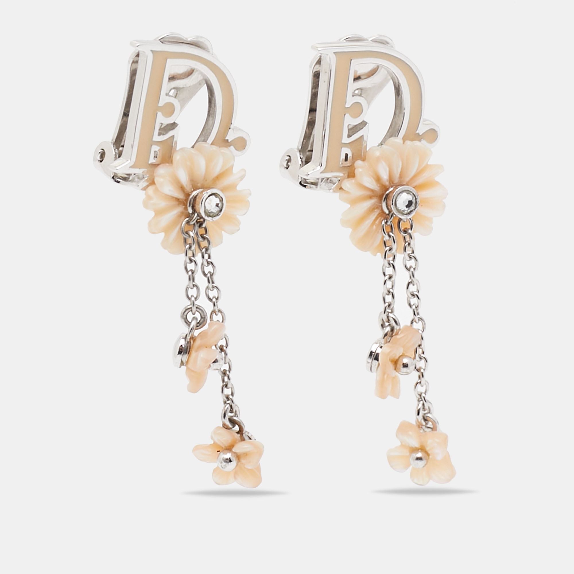 

Dior Floral Enamel Resin Crystals SIlver Tone Clip On Earrings