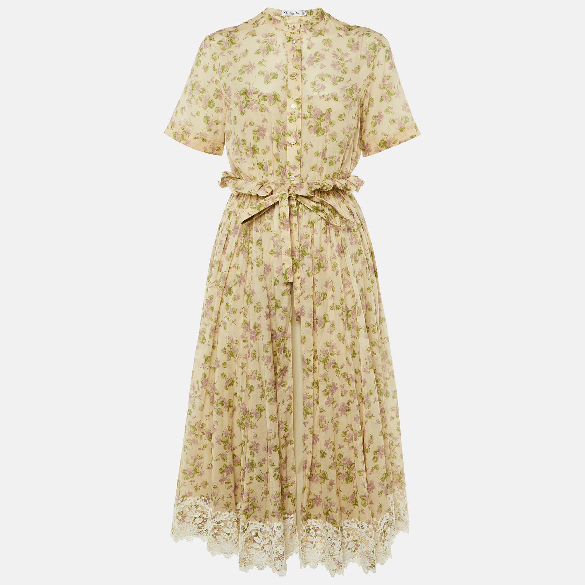 Dior Beige Floral Print Cotton Lace Trim Midi Dress M