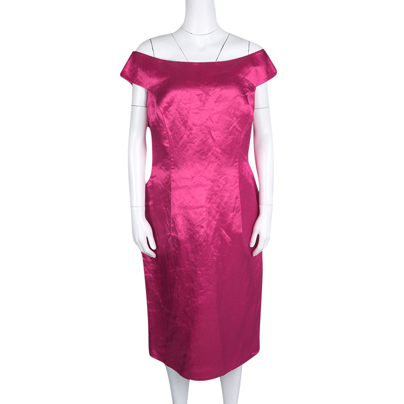 

Dior Fuschia Pink Satin Boat Neck Sheath Dress