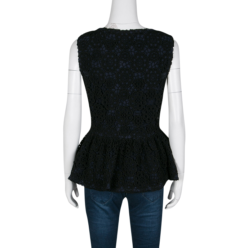 Dior Navy Blue and Black Floral Lace Overlay Sleeveless Peplum Top L ...