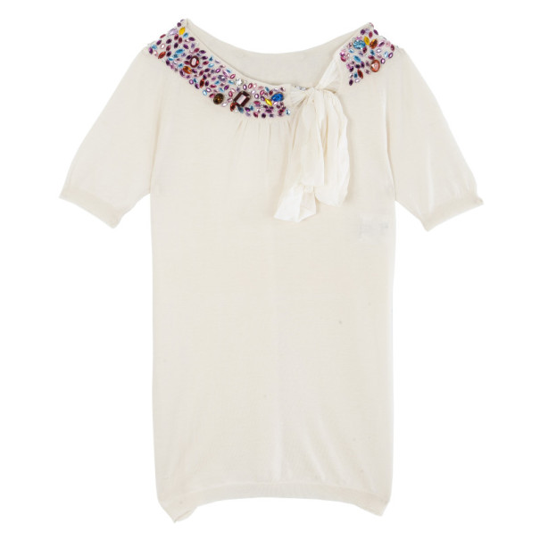 Pre Owned Dior White Embellshed Neckline Top M