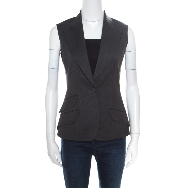Christian Dior Grey Wool Gabardine Single Button Sleeveless Blazer S