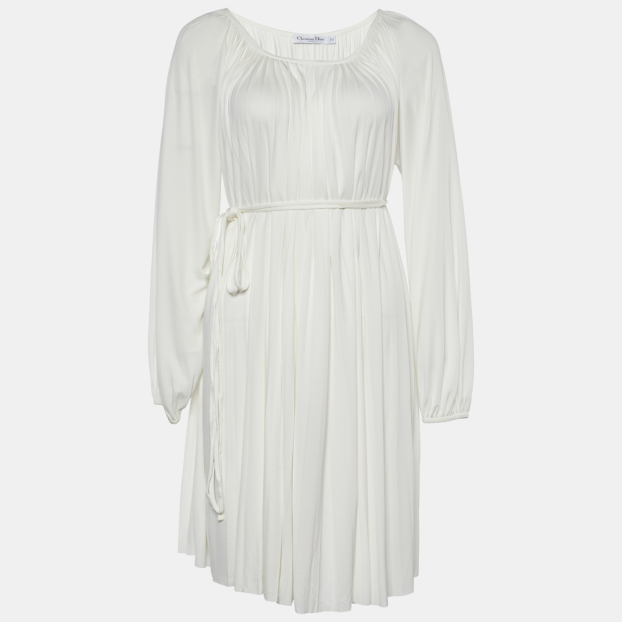 Pre Owned Dior White Knit Pleated Flared Dress S