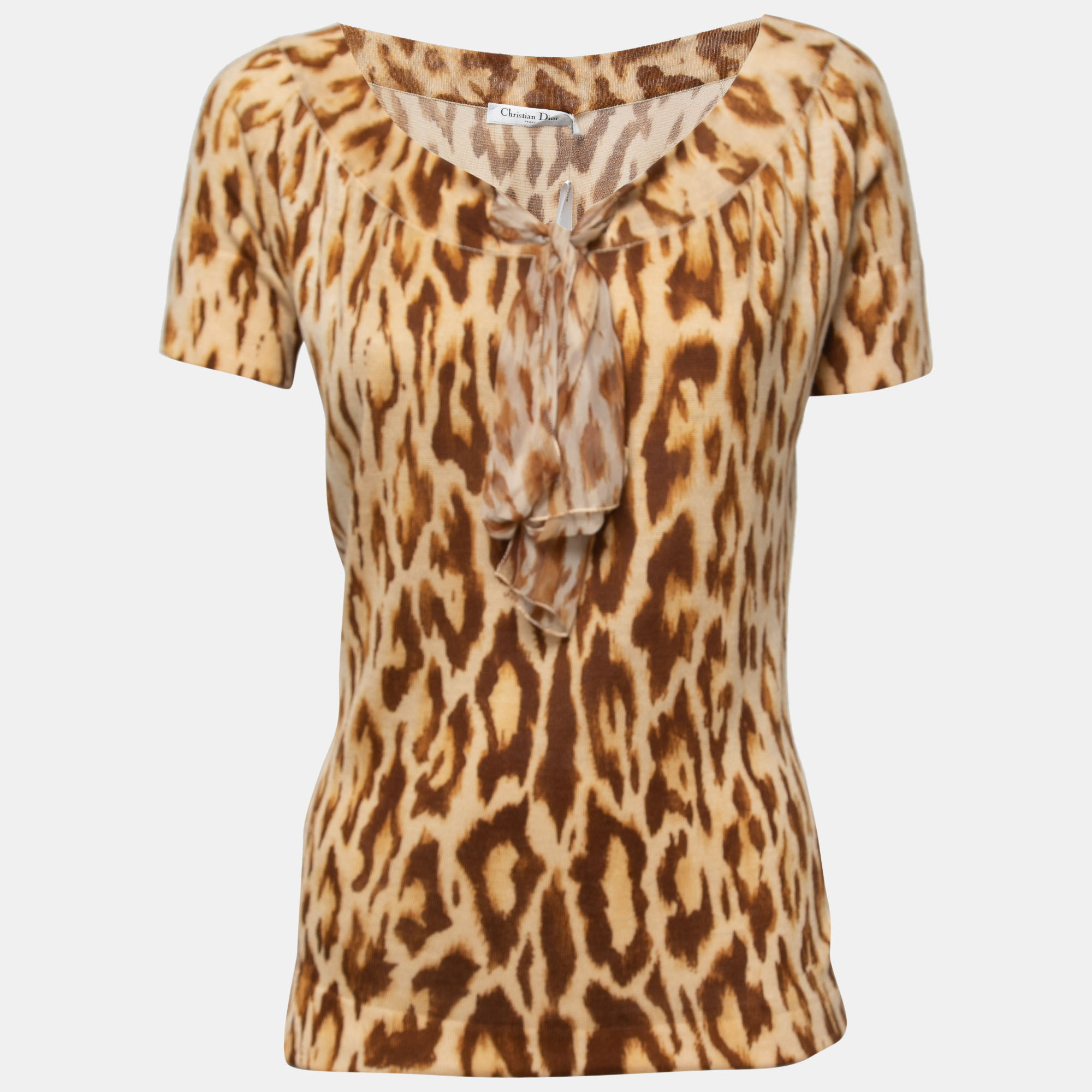Pre-owned Dior Christian  Brown Animal Print Knit Top L