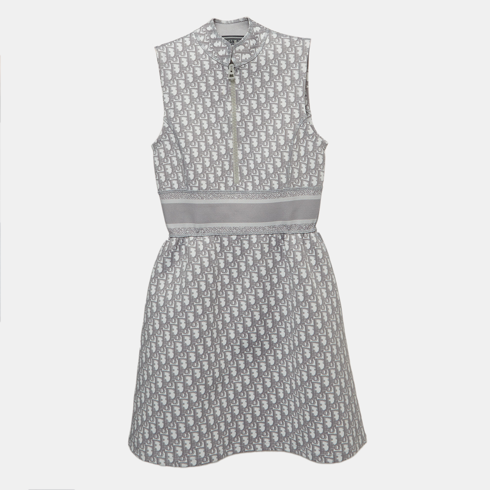 Pre-owned Dior Grey Monogram Knit Zipper Mini Dress S