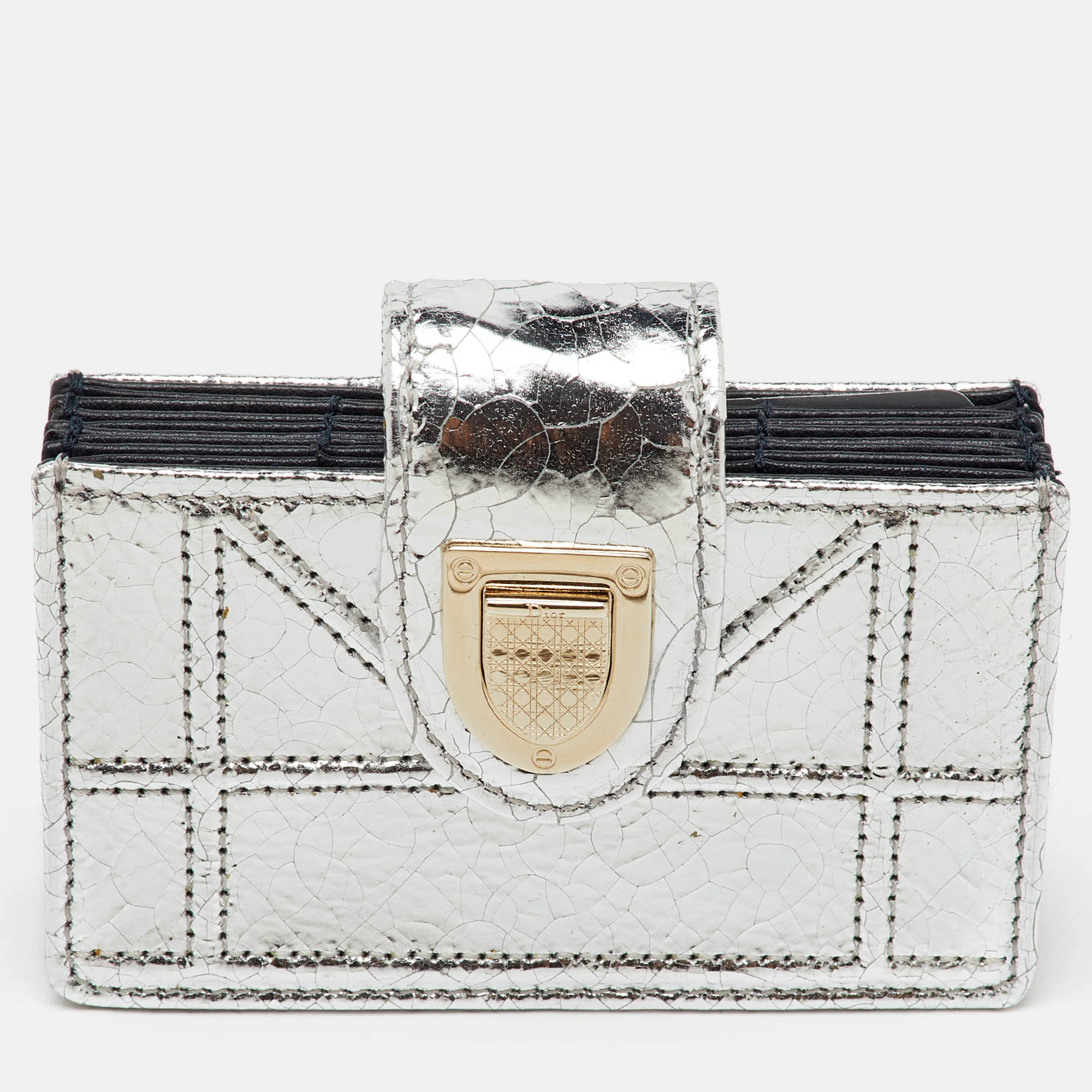 

Dior Silver Crinkled Leather Diorama Gusset Card Holder