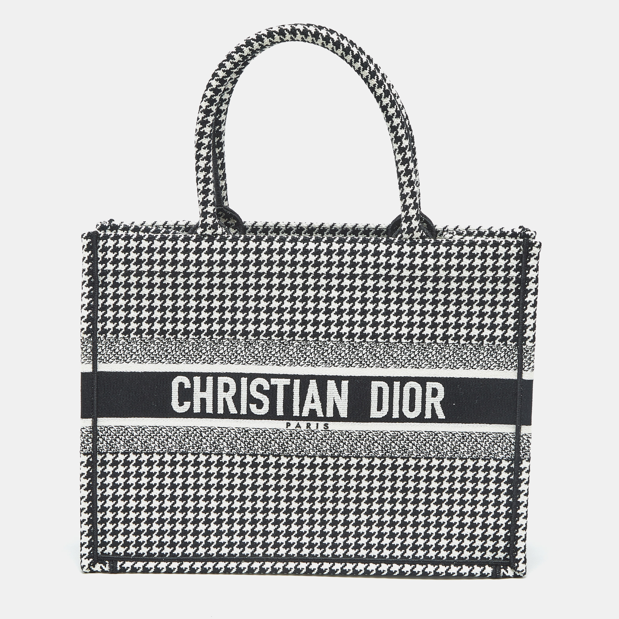 Pre-owned Dior Black/white Houndstooth Embroidered Canvas Medium Book Tote