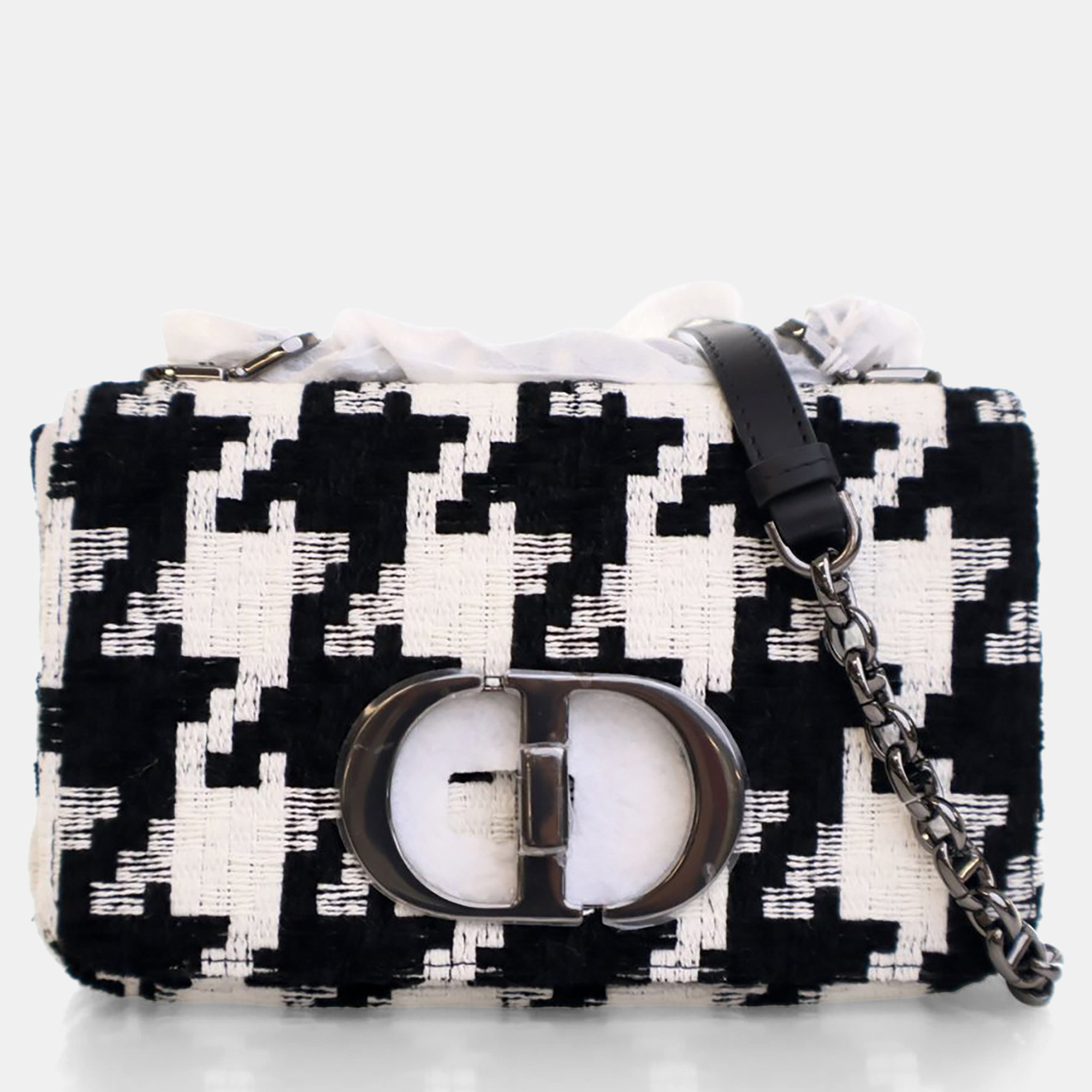 Pre-owned Dior Small Houndstooth Caro Bag In Black