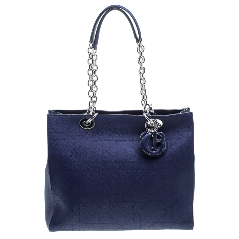 Pre Owned Dior Blue Cannage Leather Large Shopping Tote