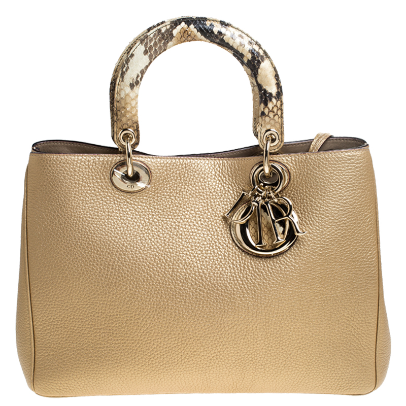 Pre Owned Dior Gold Leather and Python Medium Diorissimo Shopper Tote