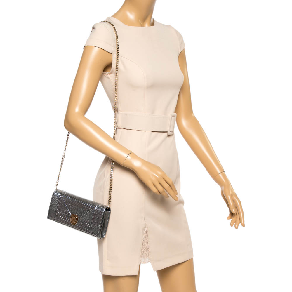 

Dior Silver Microcannage Patent Leather Diorama Wallet on Chain