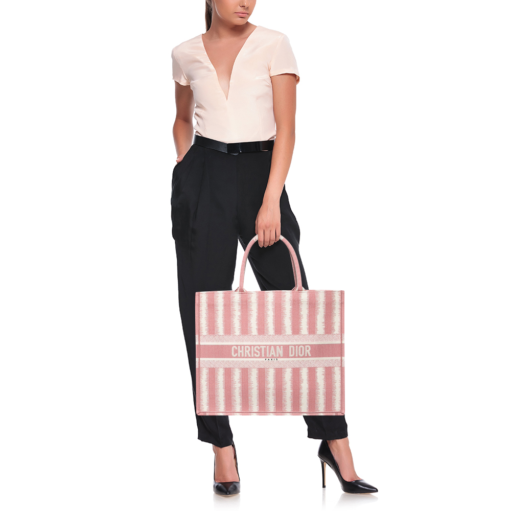 

Dior Pink/White Striped Embroidered Canvas Large Book Tote