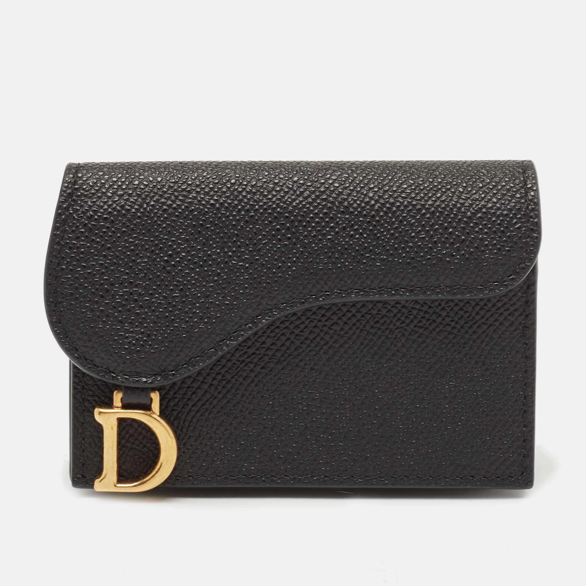Pre Owned Dior Black Leather Saddle Flap Card Case