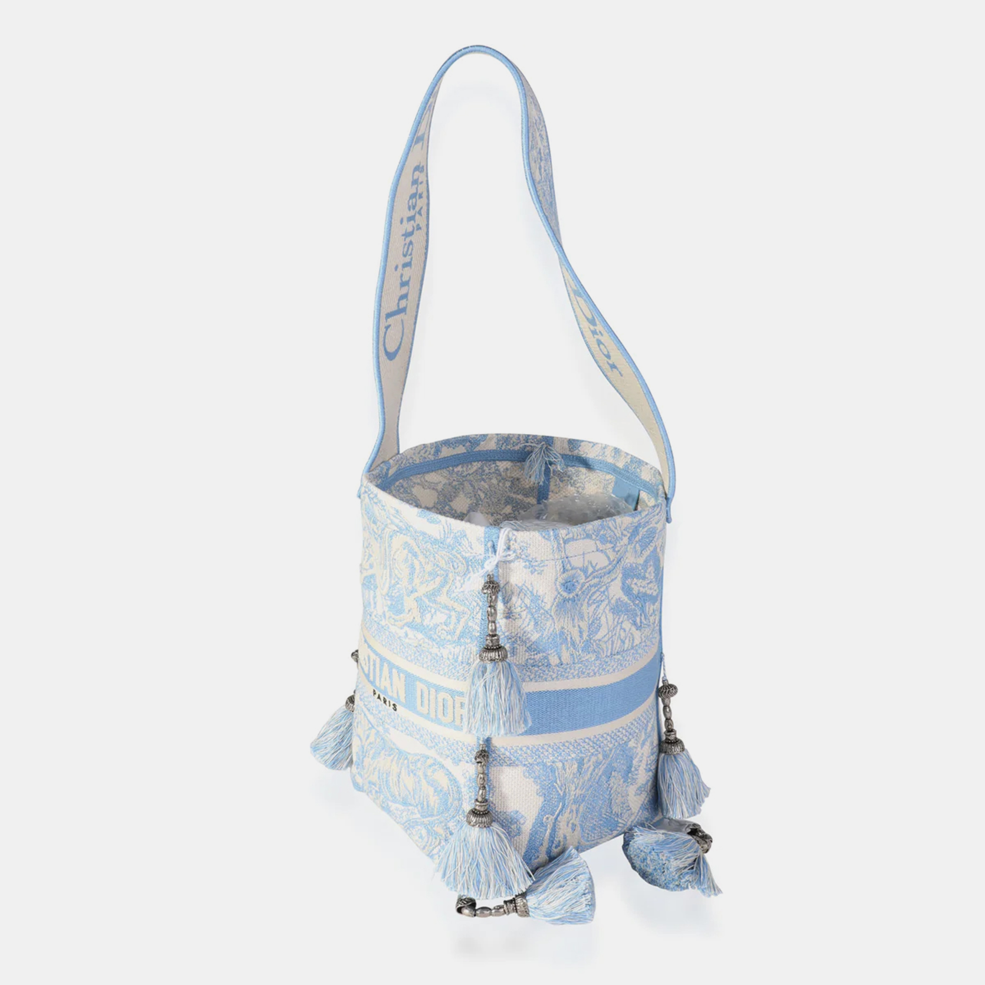 

Dior Cornflower Blue Toile de Jouy Embroidery D-Bubble Bucket Bag