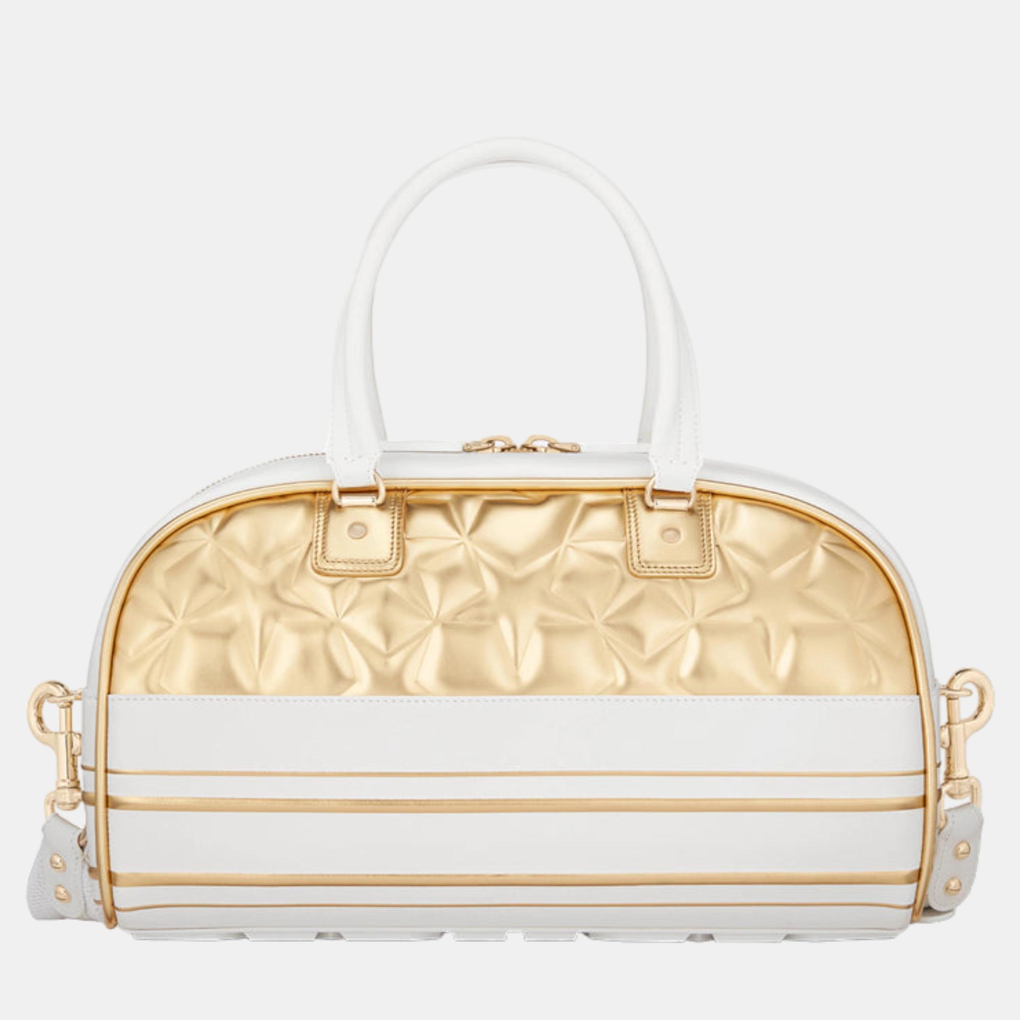 

MEDIUM DIOR White and Gold-Tone Padded Macrocannage Calfskin VIBE ZIP BOWLING BAG M6202OFCJ933U