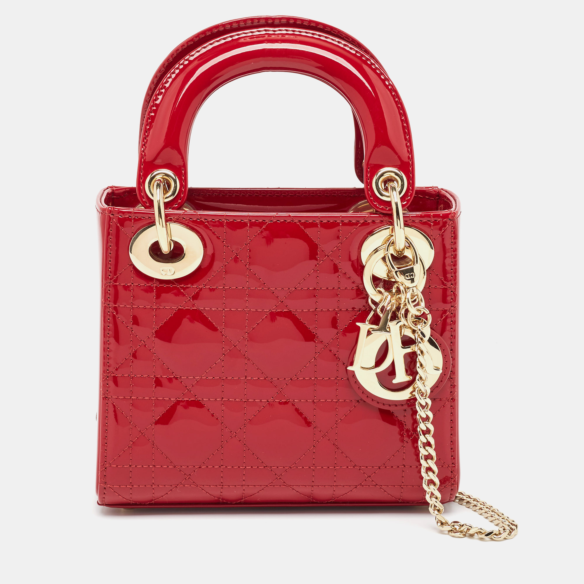 

Dior Red Cannage Patent Leather Leather Mini Chain Lady Dior Tote