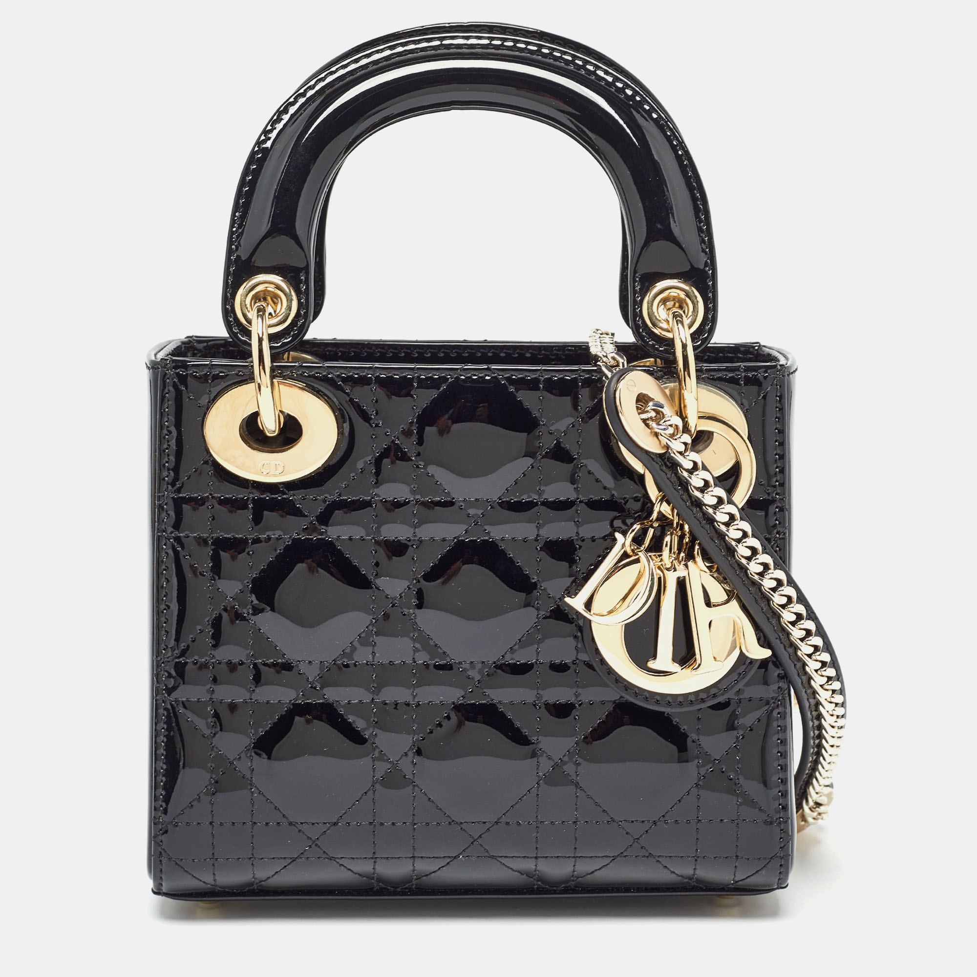

Dior Black Cannage Patent Leather Mini Lady Dior Tote