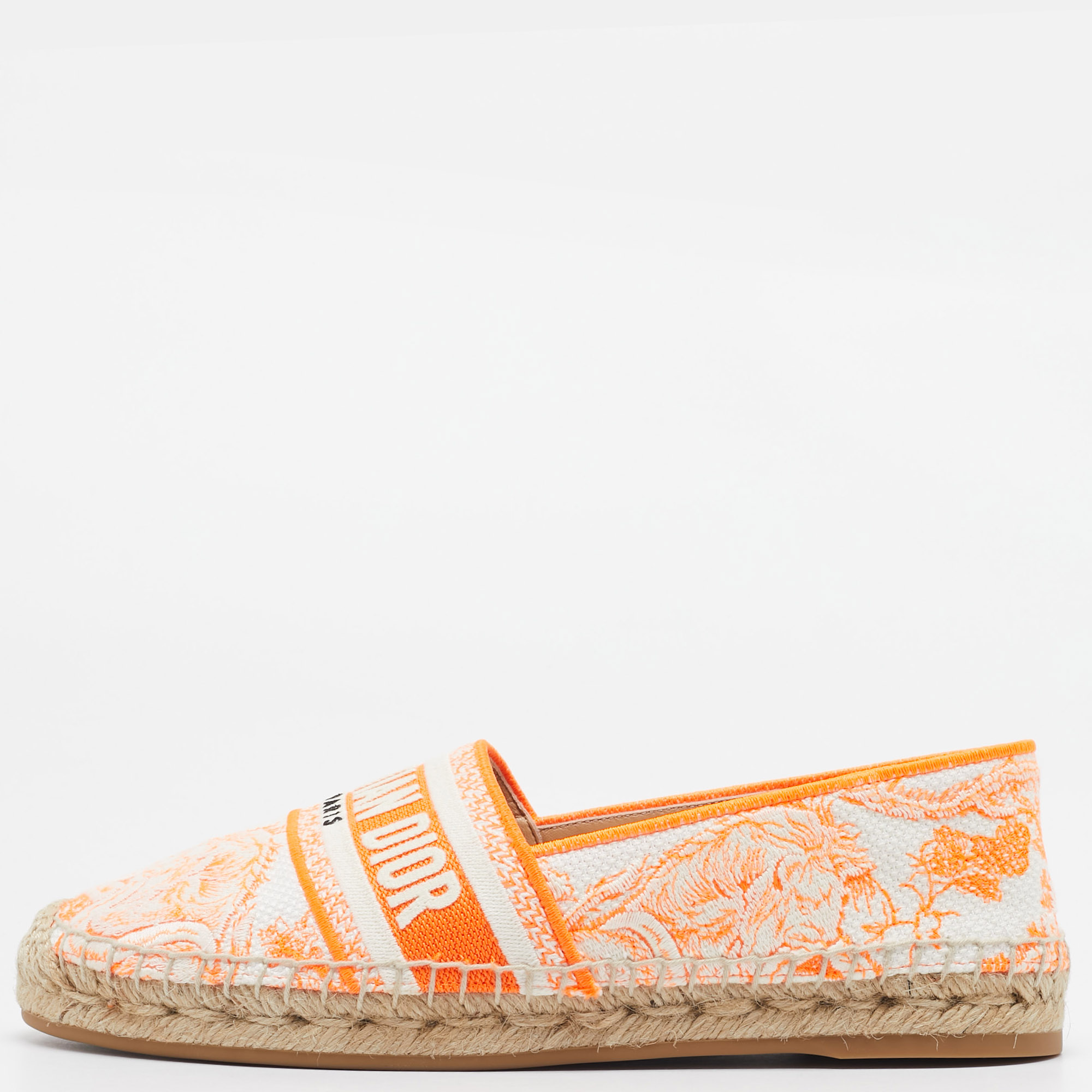 

Dior Neon Orange/White Embroidered Canvas Granville Espadrille Flats Size