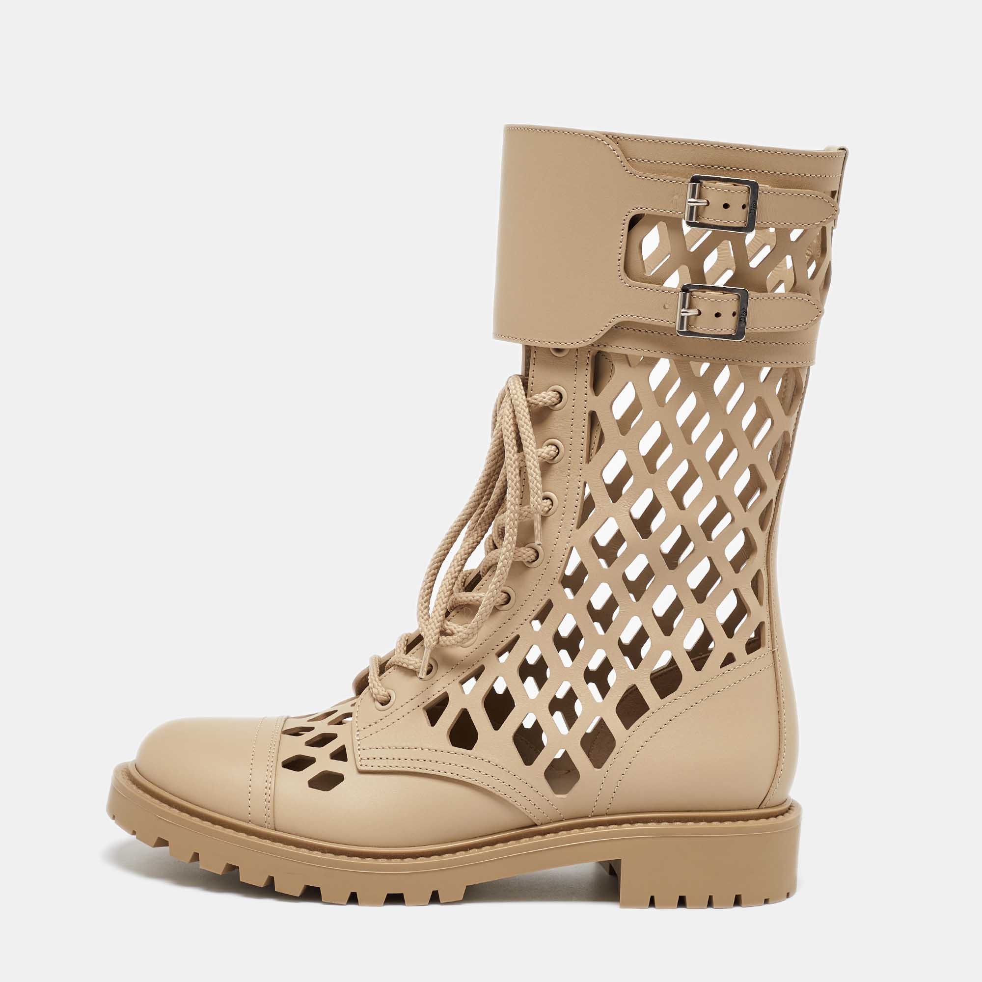 

Dior Beige Leather Laser cut Accents Combat Boots Size