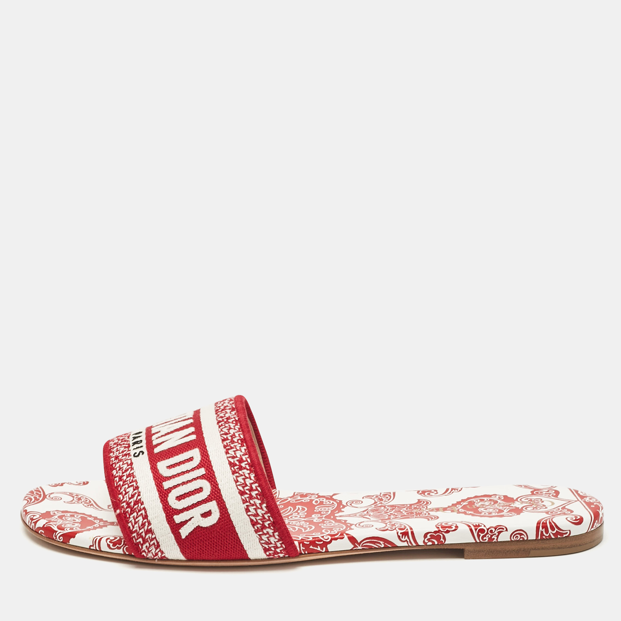 

Dior Red/White Embroidered Canvas Dway Flat Slides Size