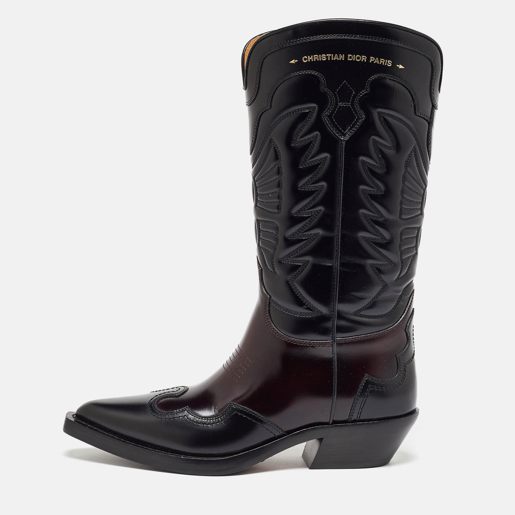 

Dior Black/Brown Leather Embroidered Knee Length Boots Size