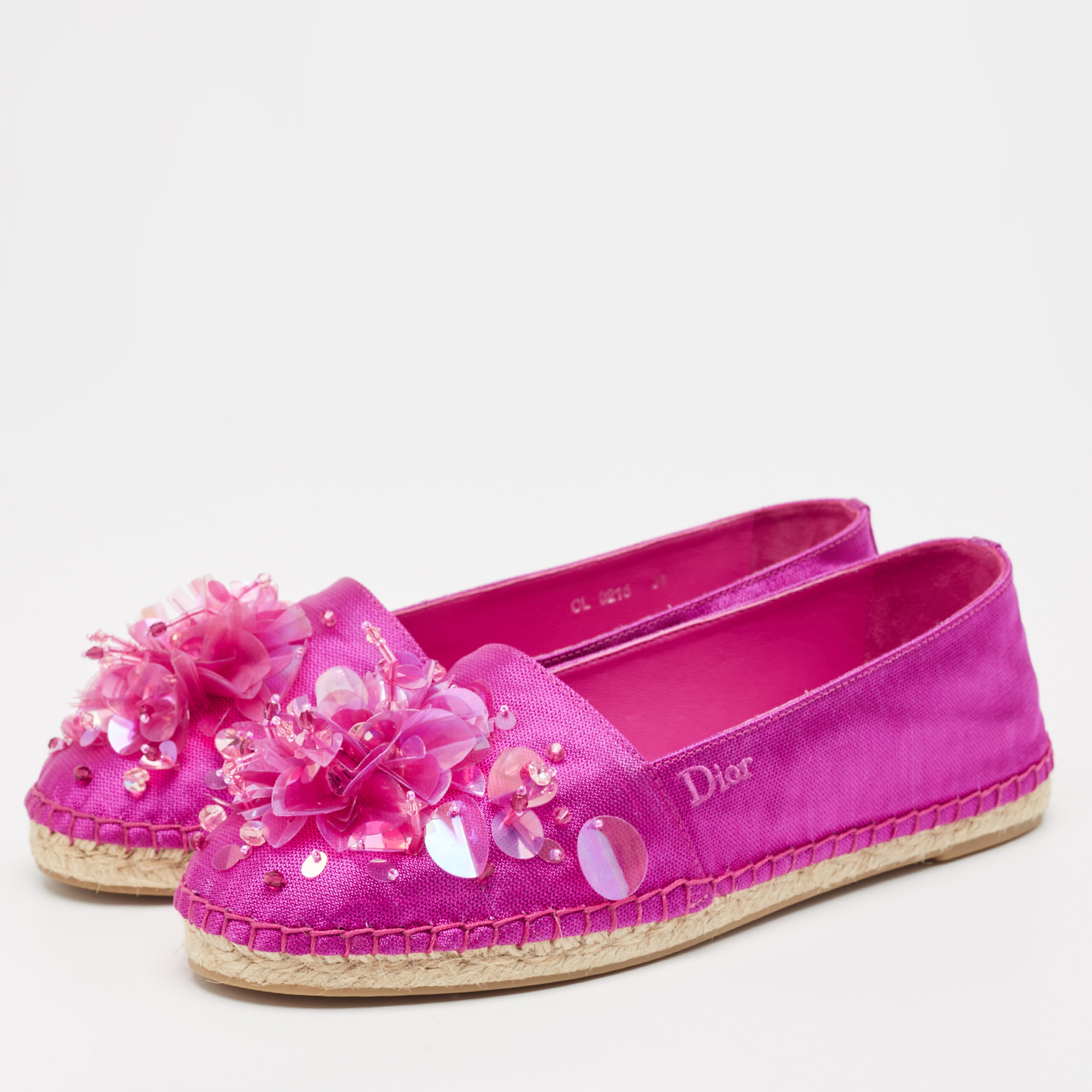 Dior Pink Canvas Embellished Espadrille Flats Size 36 