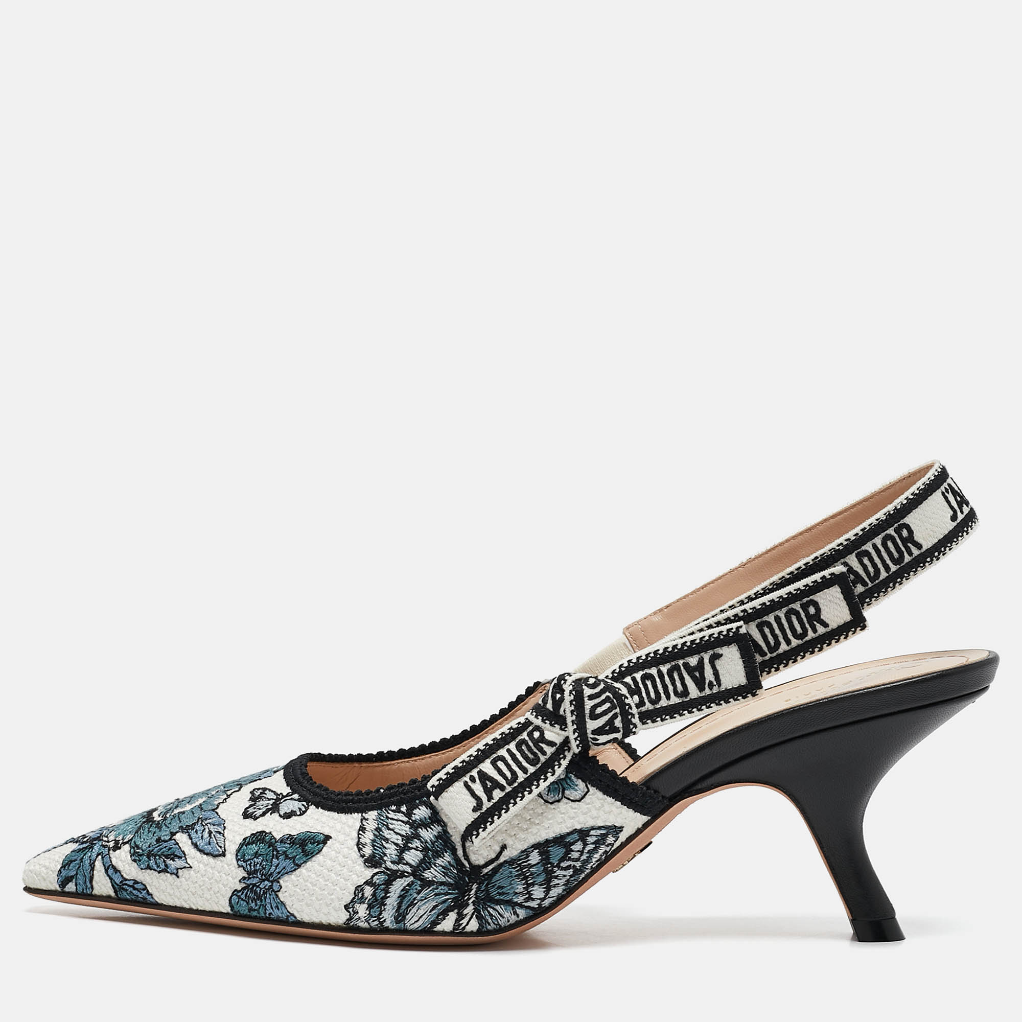 

Dior Blue/White Floral Embroidered Canvas J'adior Slingback Pumps Size