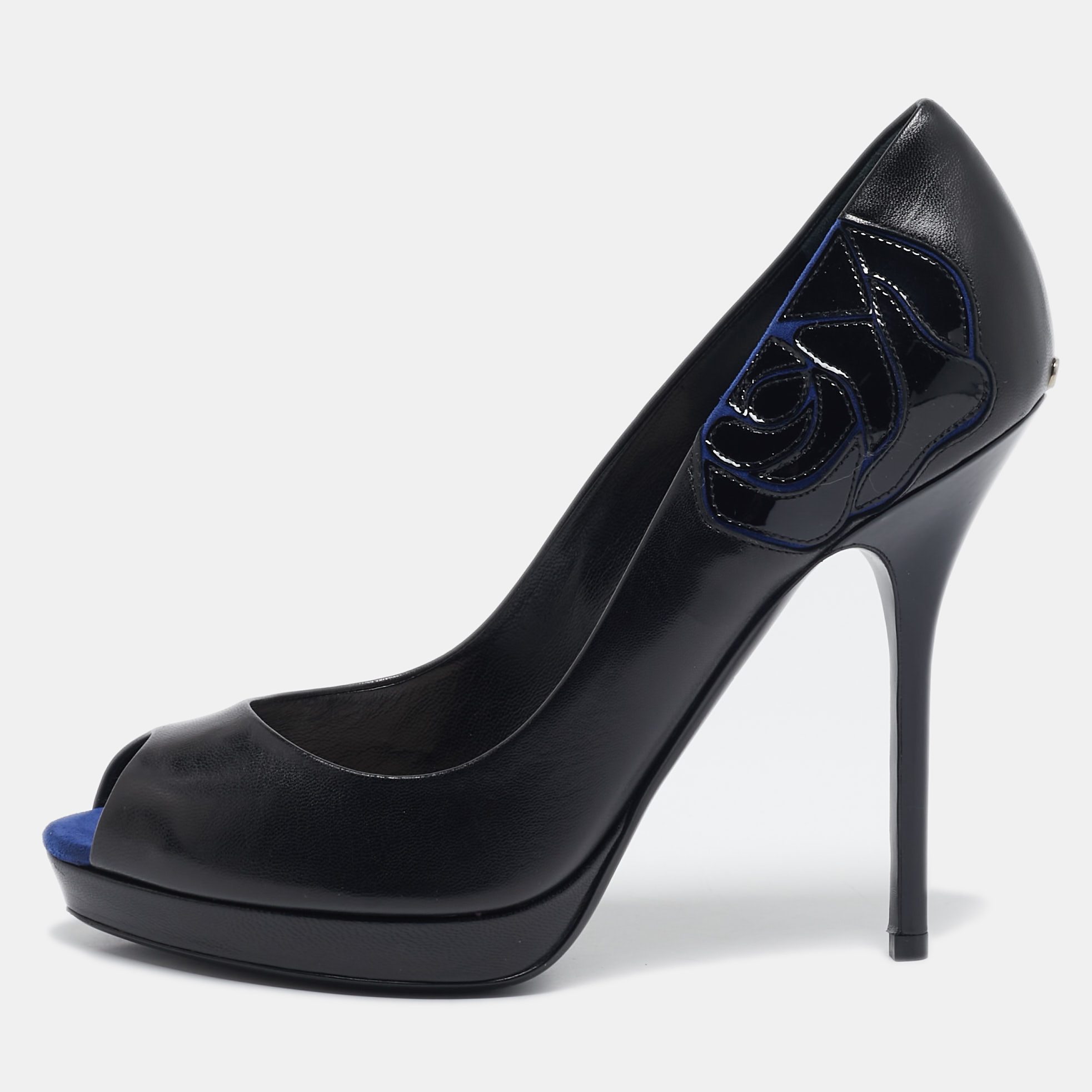 

Dior Black/Blue Leather and Suede Rose Detail Peep Toe Pumps Size