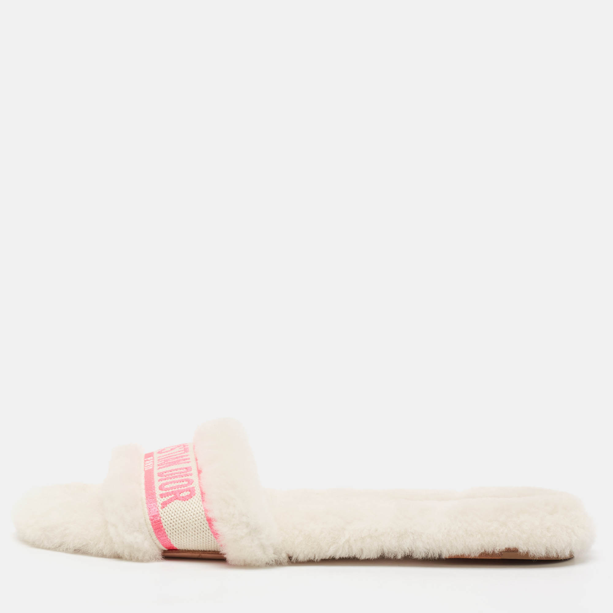 

Dior White/Pink Canvas and Shearling Chez Moi Flat Sandals Size