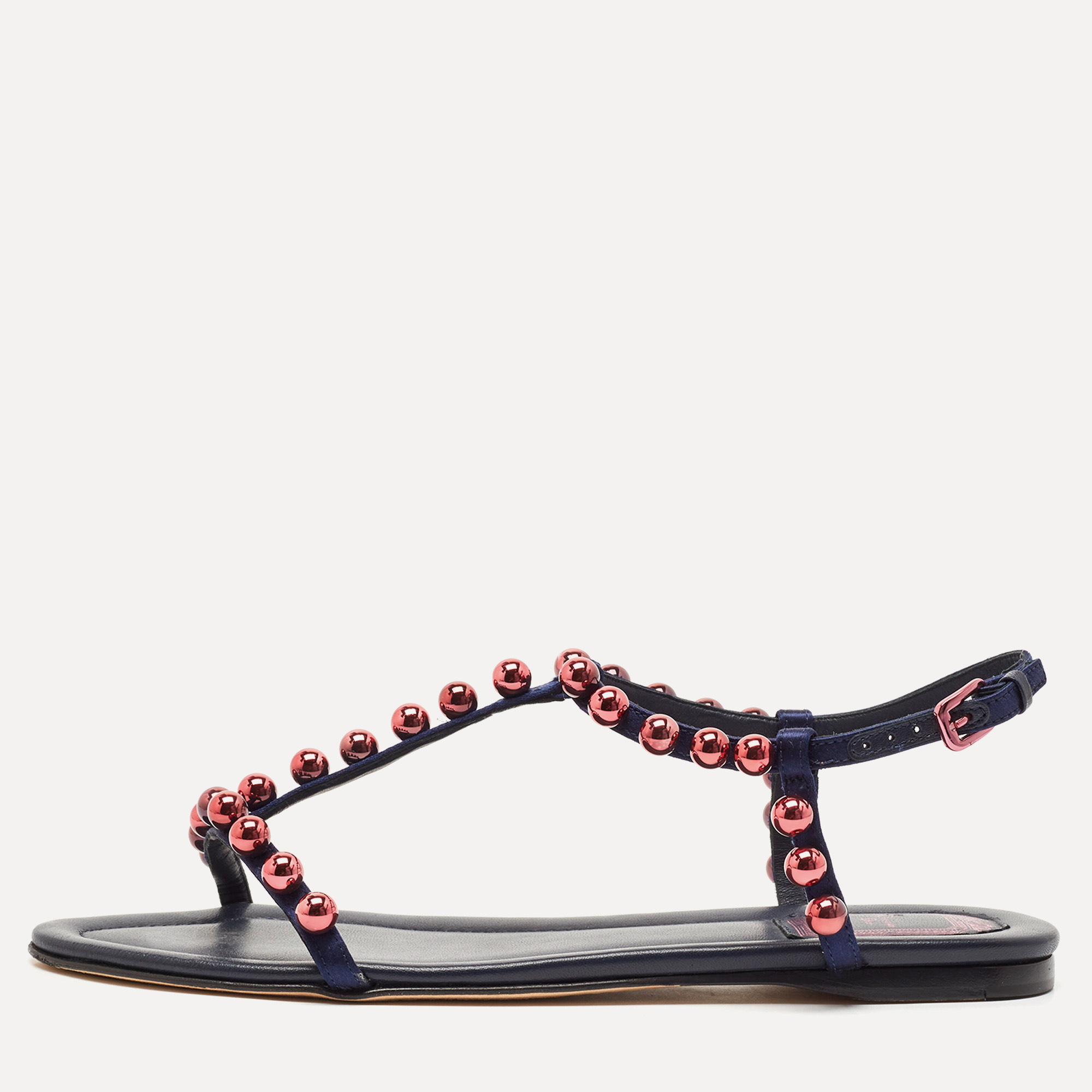 

Dior Navy Blue Satin Beads T-Strap Flat Sandals Size