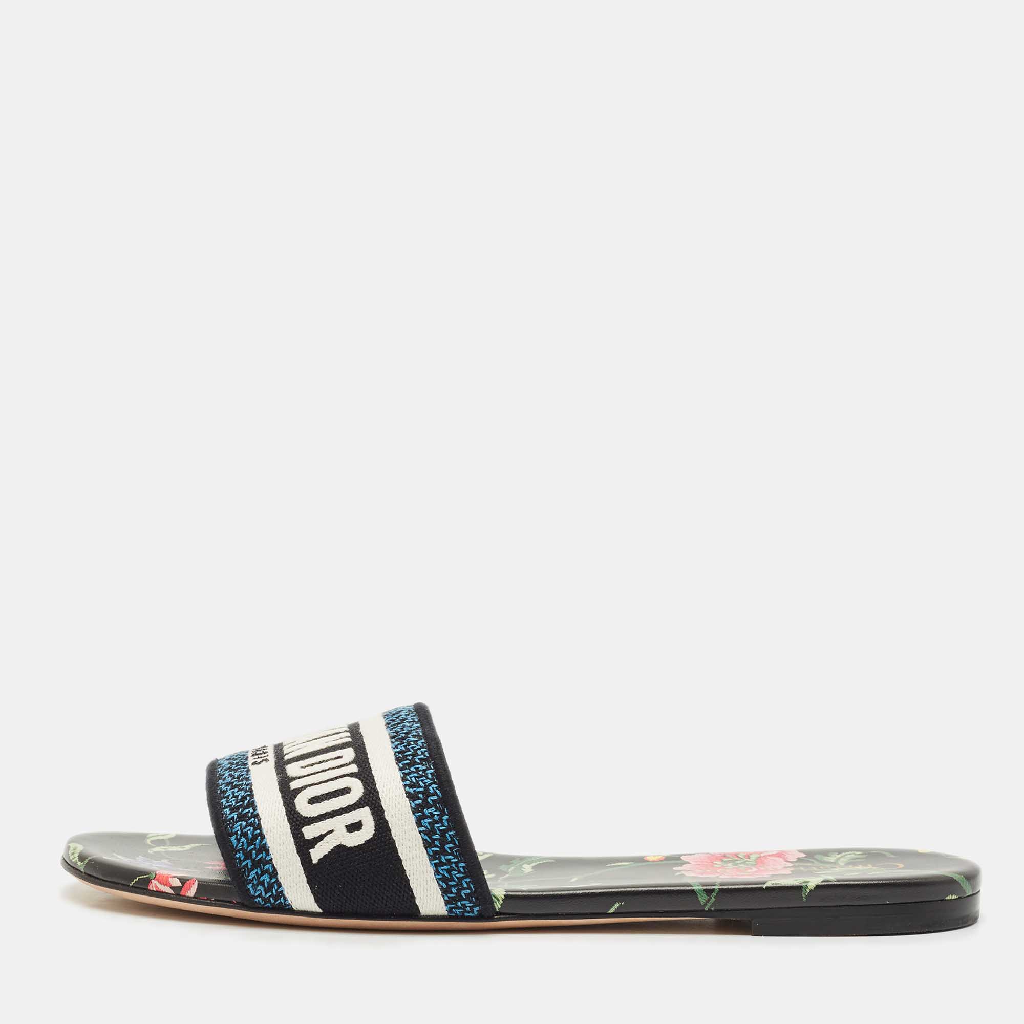 Pre-owned Dior Blue/black Canvas Petites Fleurs Dway Flat Slides Size 39.5