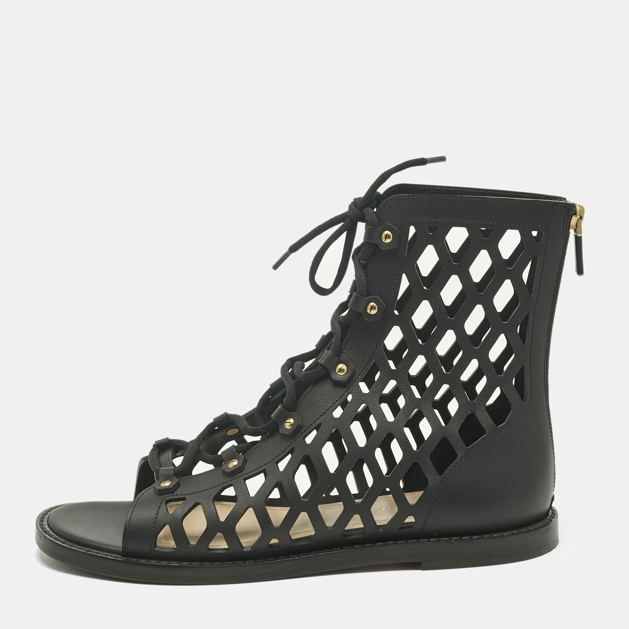 Pre-owned Dior Black Leather Cut-out D-strap Gladiator Flat Sandals Size 40