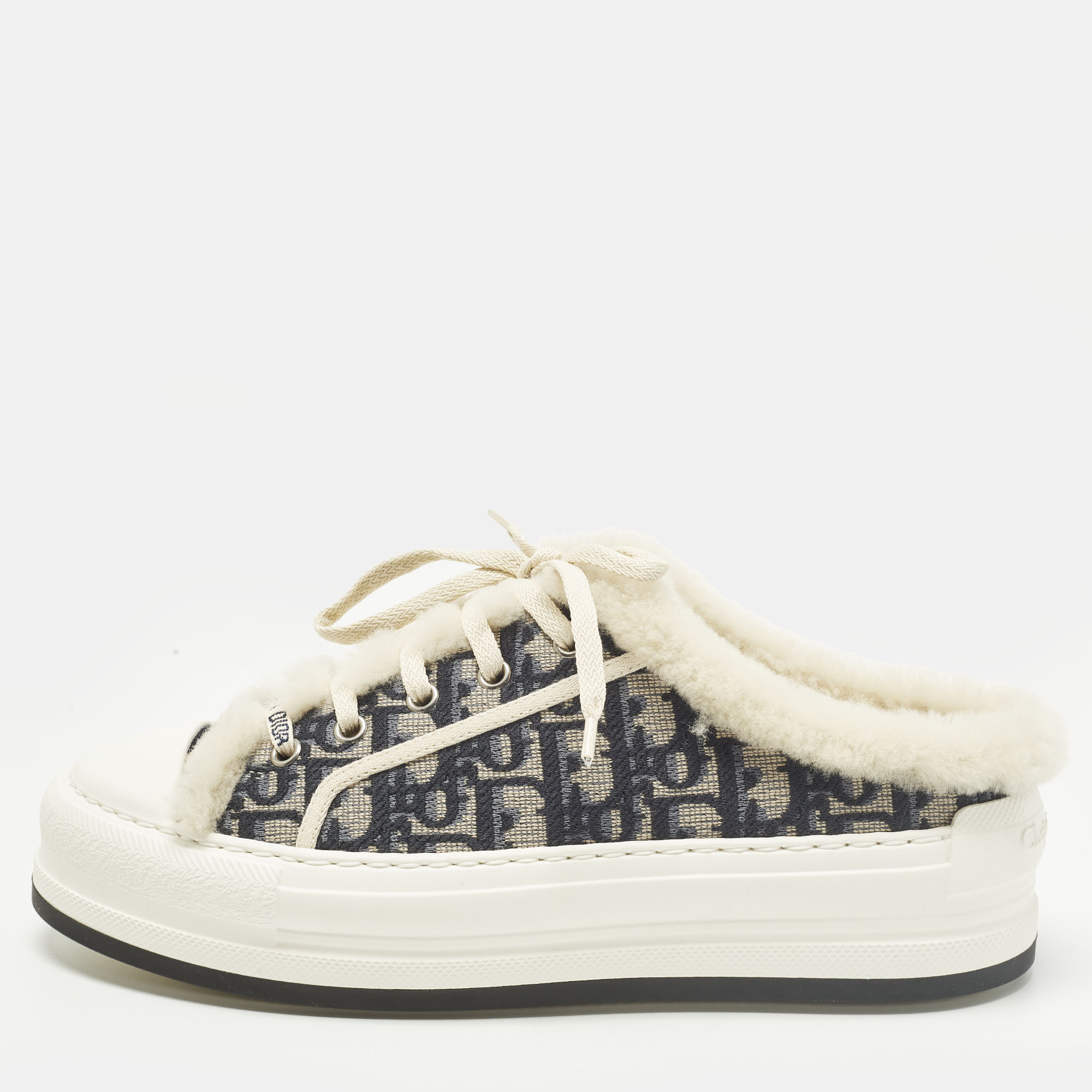 Pre-owned Dior Size 39 Navy Blue Cotton And Shearling Sneaker Mules