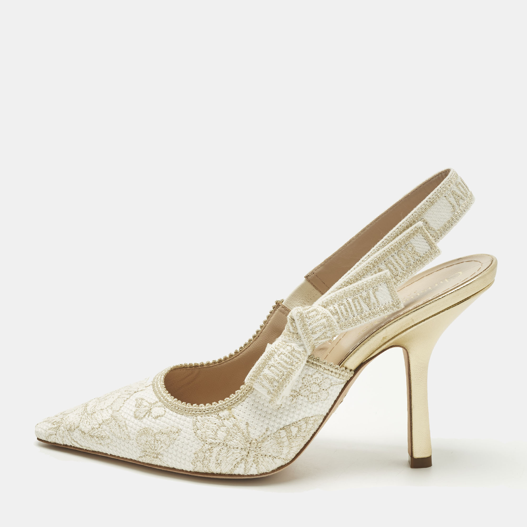 

Dior J'Adior Size  White/Gold Canvas Butterfly Embroidered Slingback Pumps