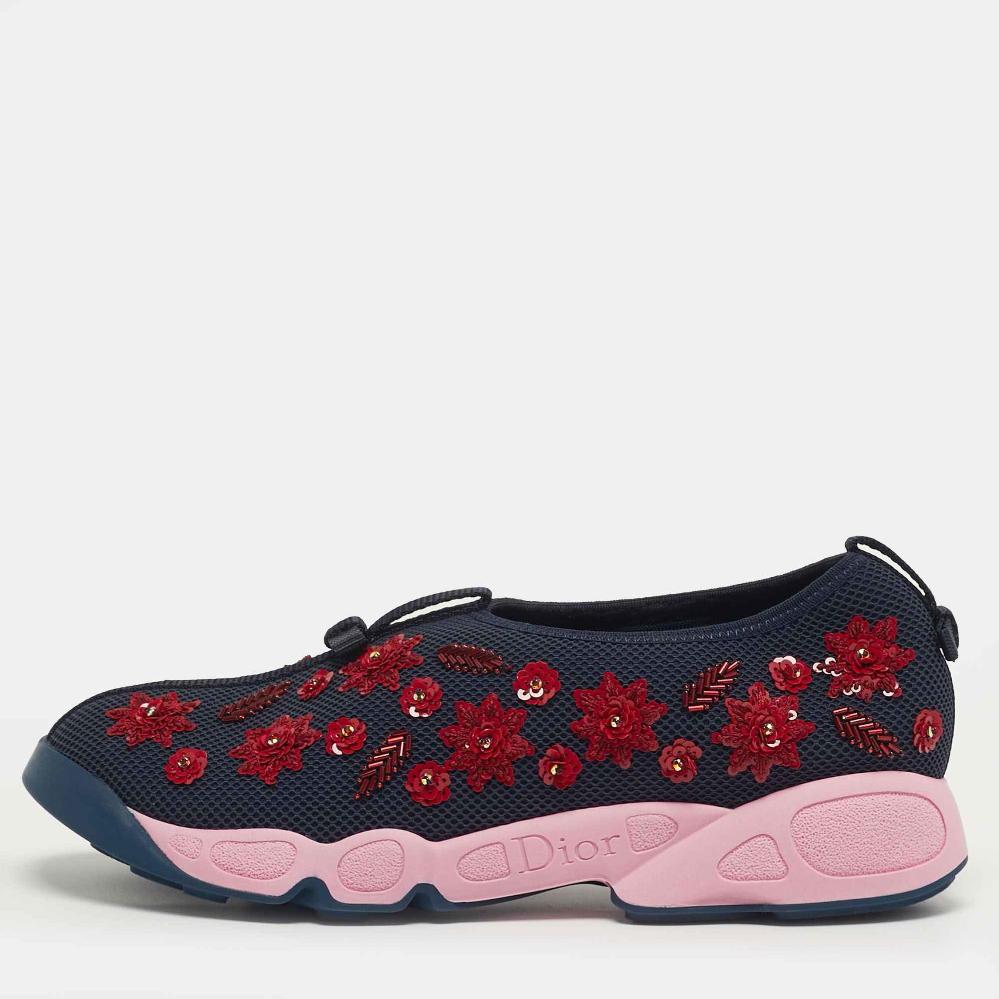 

Dior Fusion Size  Navy Blue Mesh Fusion Floral Embellished Slip On Sneakers
