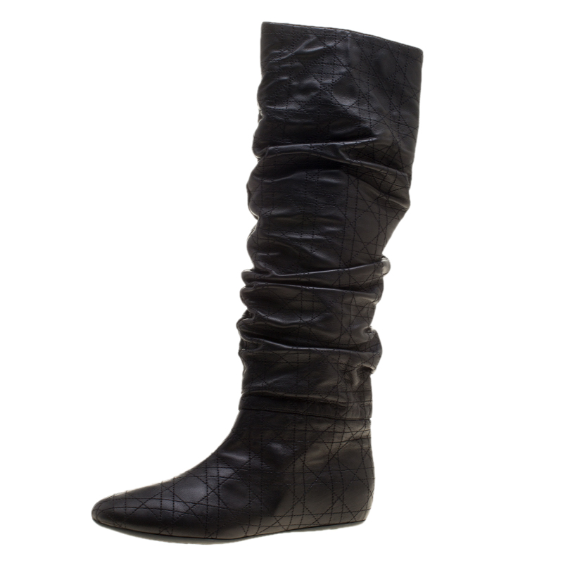 Pre Owned Dior Black Ruched Cannage Leather Knee High Boots Size 38.5