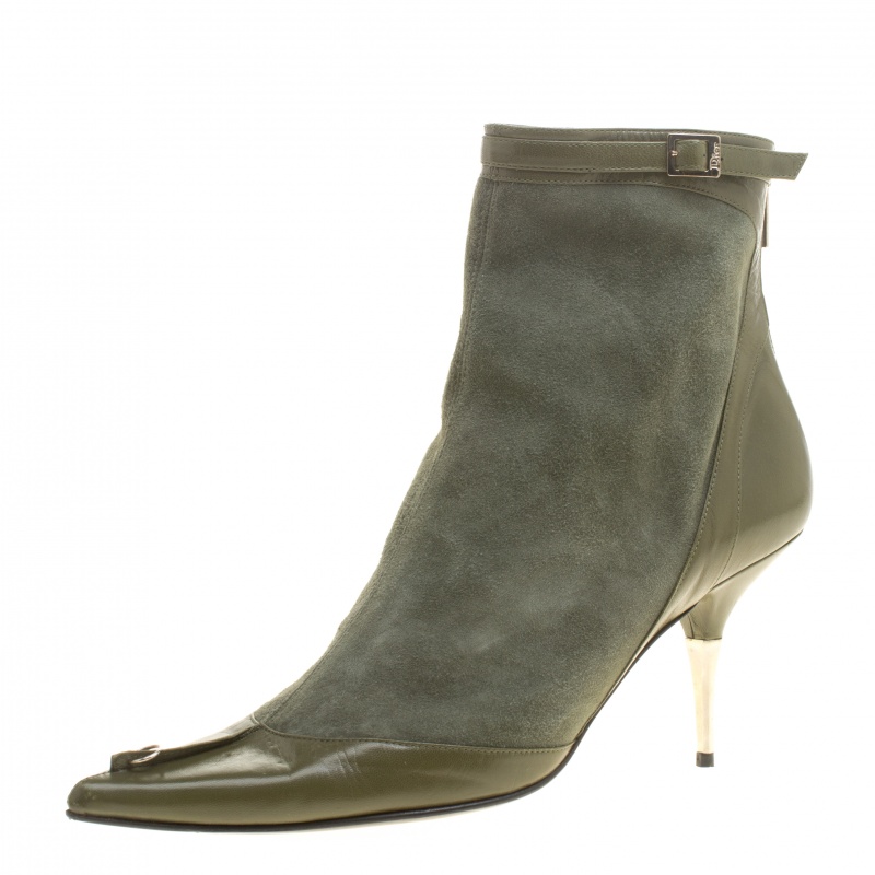 Dior Army Green Suede and Leather Glam Piercing Pointed Toe Ankle Boots Size 40.5