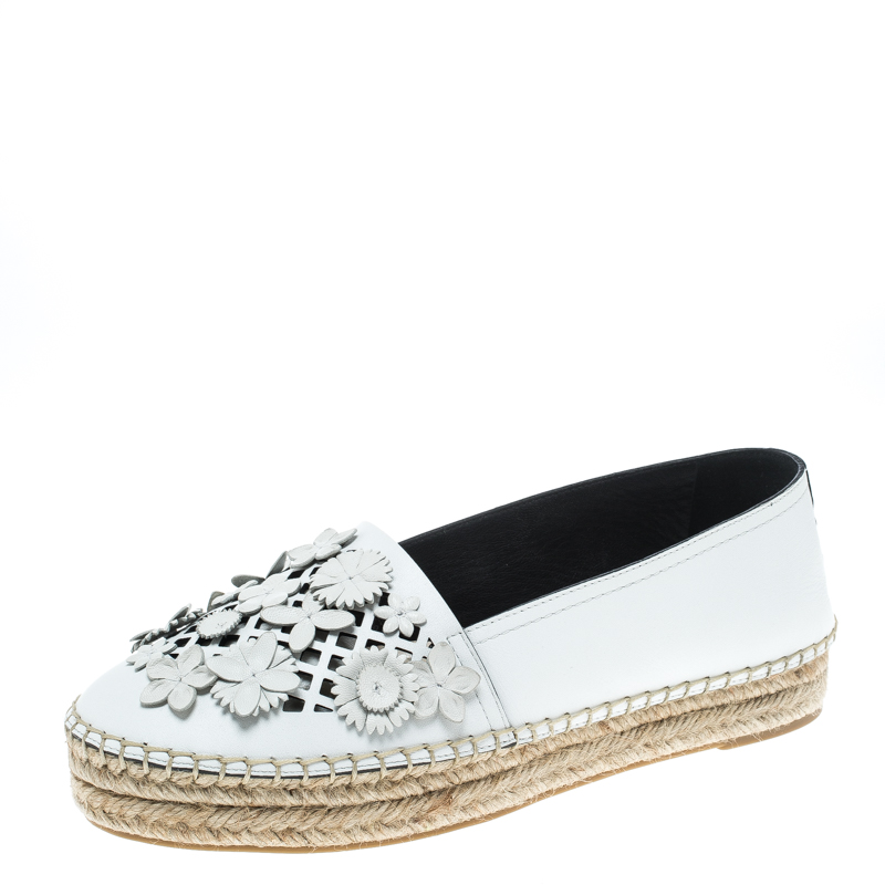 Dior White Laser Cut Floral Embellished Leather Flore Espadrilles Size
