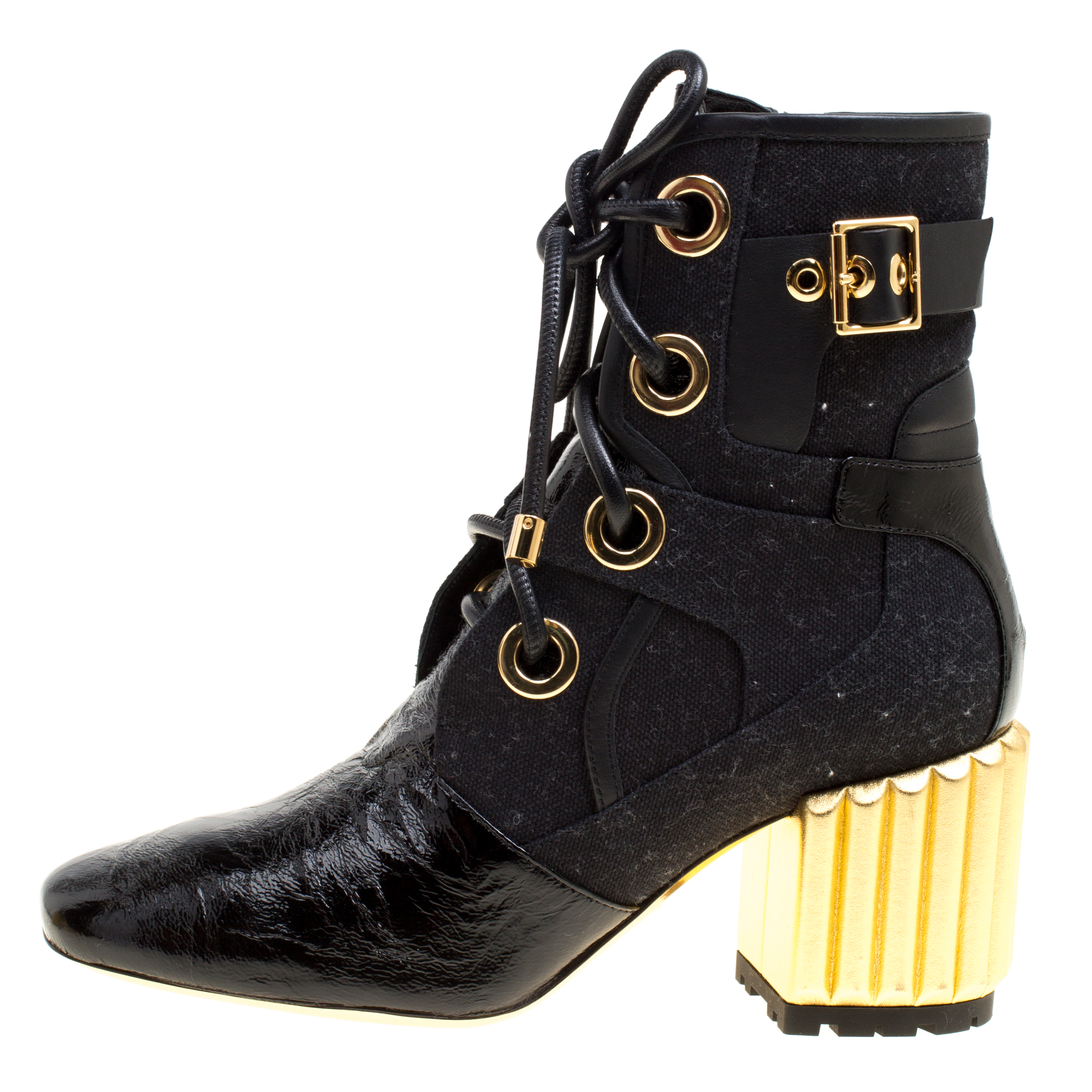 

Dior Black Canvas and Crinkled Leather Glorious Sculpted Block Heel Ankle Boots Size
