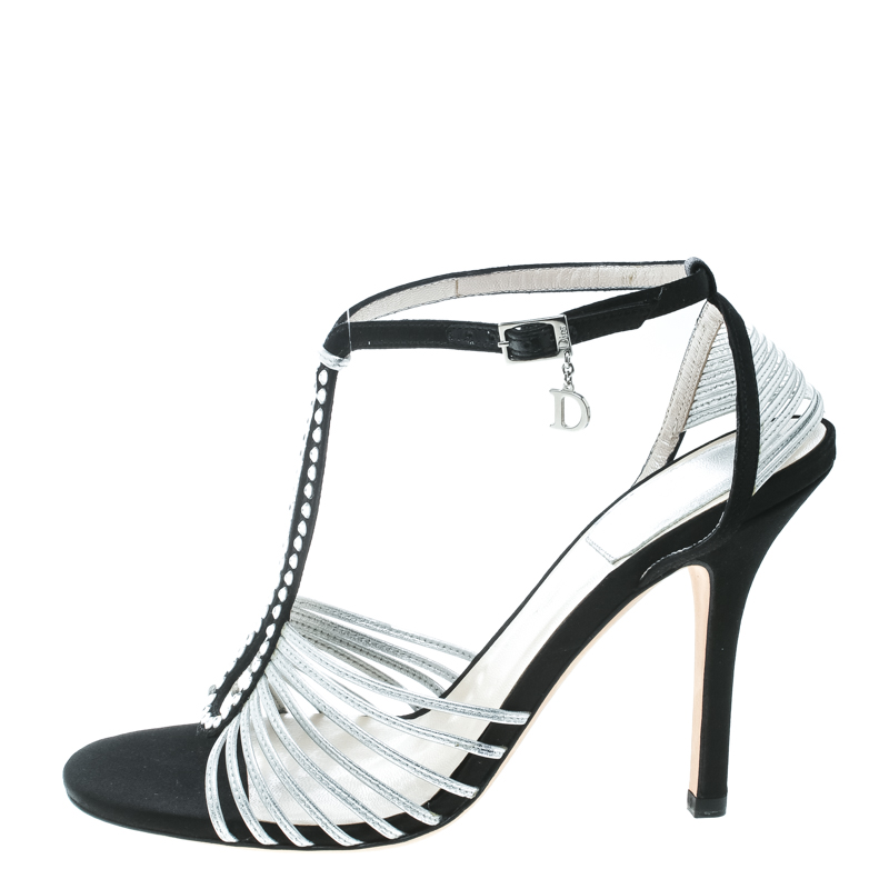 

Dior Grey/Black Leather and Satin Crystal Embellished Strappy Sandals Size