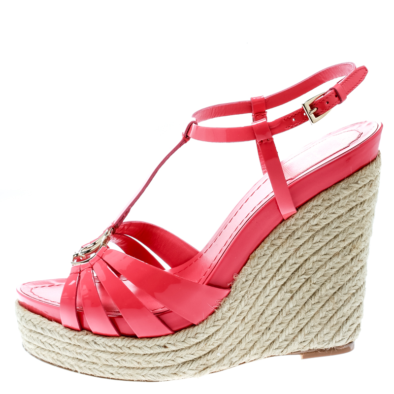 

Dior Coral Pink Patent Leather Espadrille Wedge T-Strap Platform Sandals Size